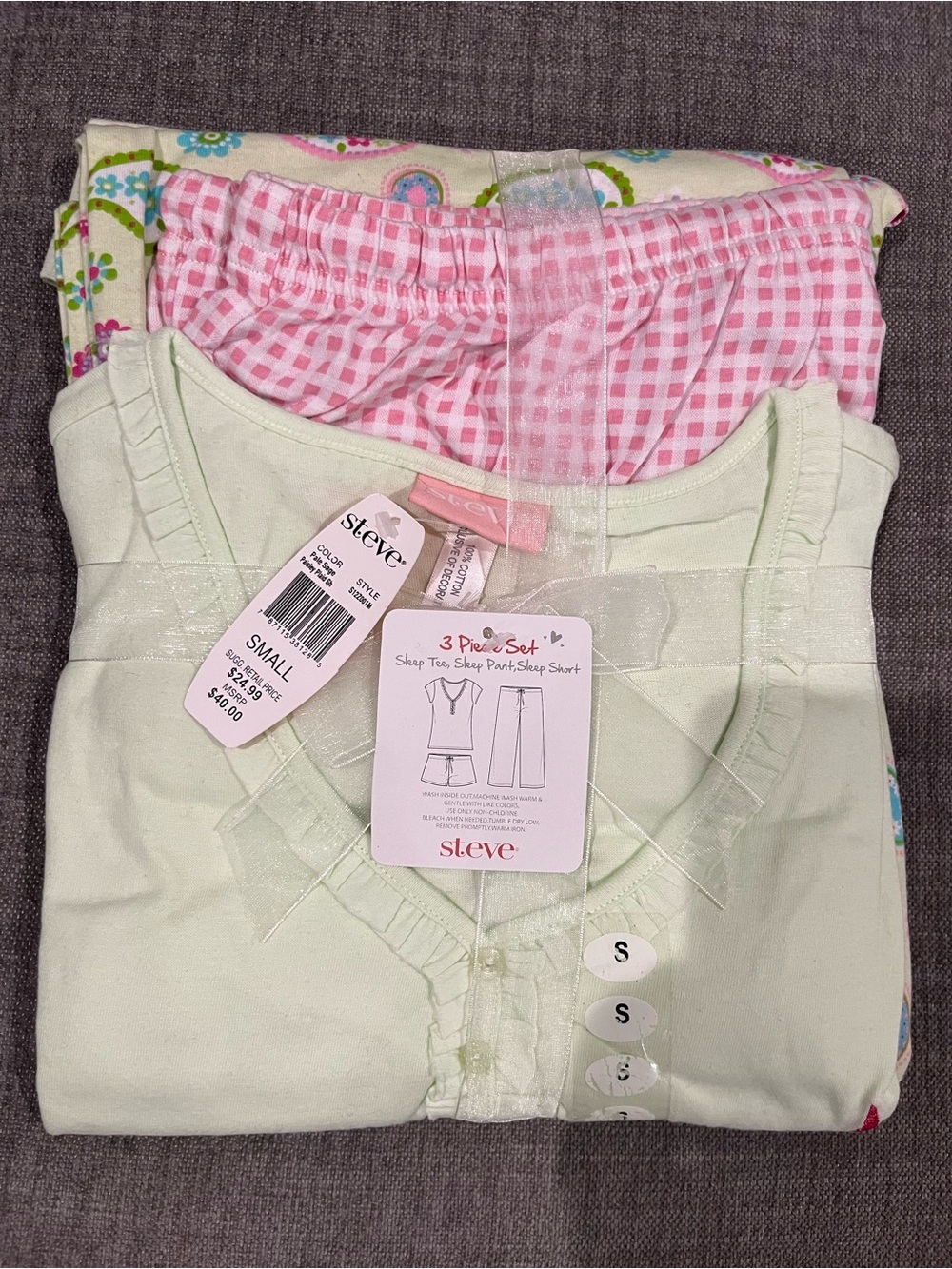 Steve Pale Sage Paisley Plaid Sleep Set - Small 100 percent cotton 3 pcs set